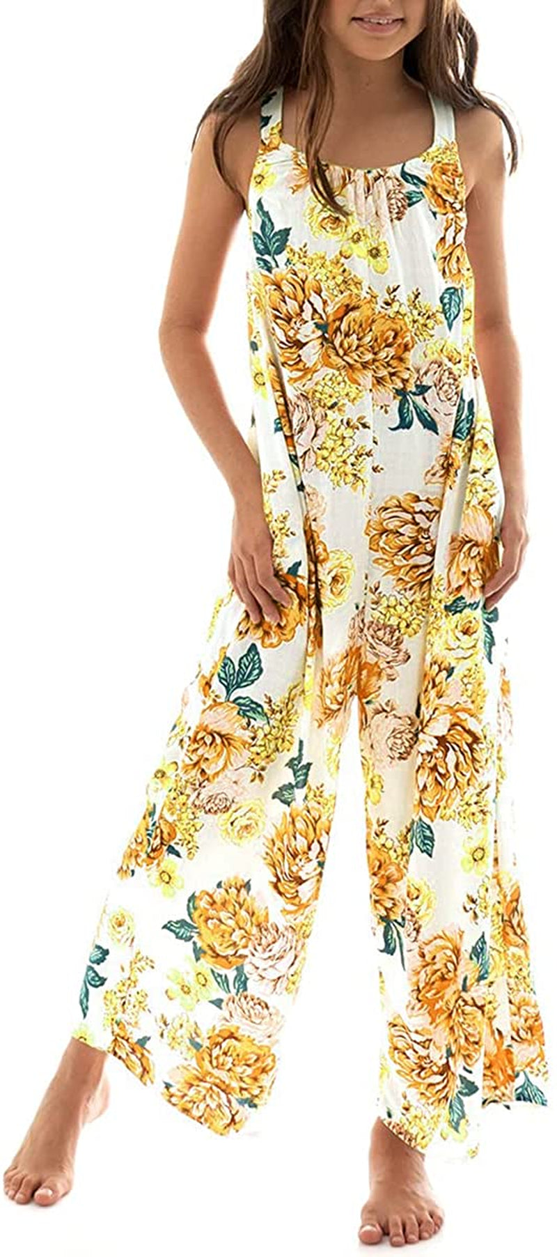 Girls Floral Backless Maxi Jumpsuit Teen Wide Leg Rompers Kids Summer Casual Boho Overalls Pants