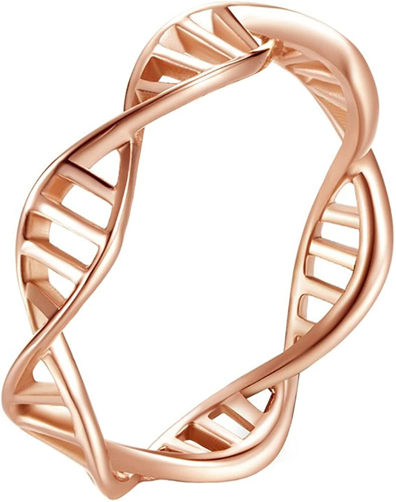 Women's Stainless Steel DNA Ring Chemistry Science Molecule Twist Rope Helix Band Silver